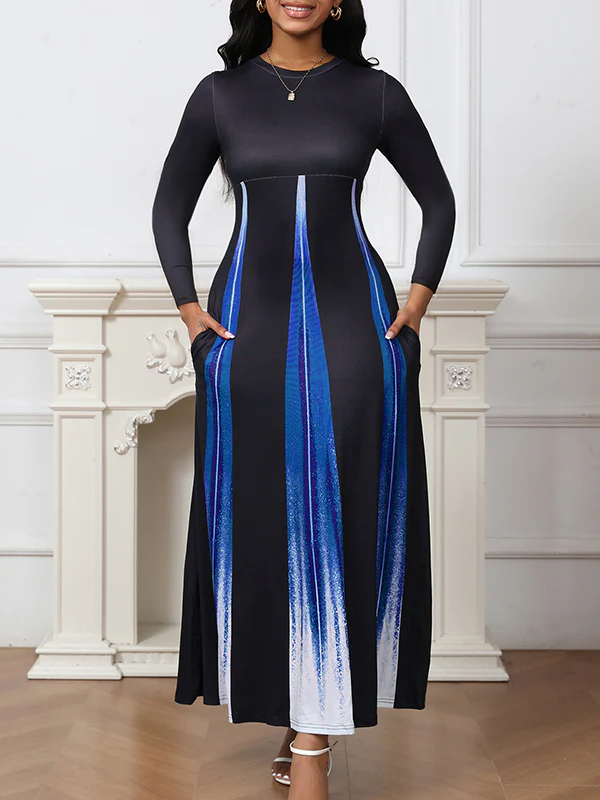 A-Line High Waisted Gradient Pockets Printed Split-Joint Round-Neck Maxi Dresses - Image 2