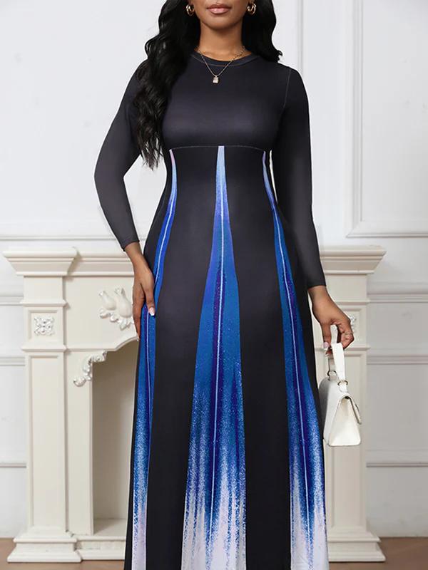A-Line High Waisted Gradient Pockets Printed Split-Joint Round-Neck Maxi Dresses - Image 3
