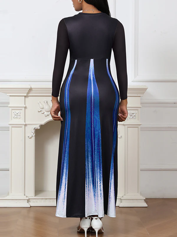 A-Line High Waisted Gradient Pockets Printed Split-Joint Round-Neck Maxi Dresses - Image 4