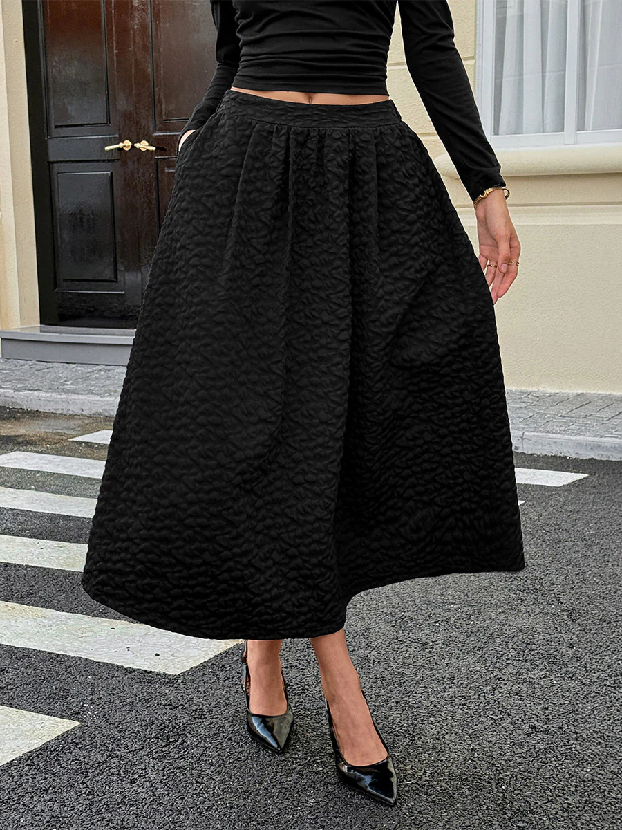A-Line High Waisted Jacquard Pleated Solid Color Skirts Bottoms - Image 2