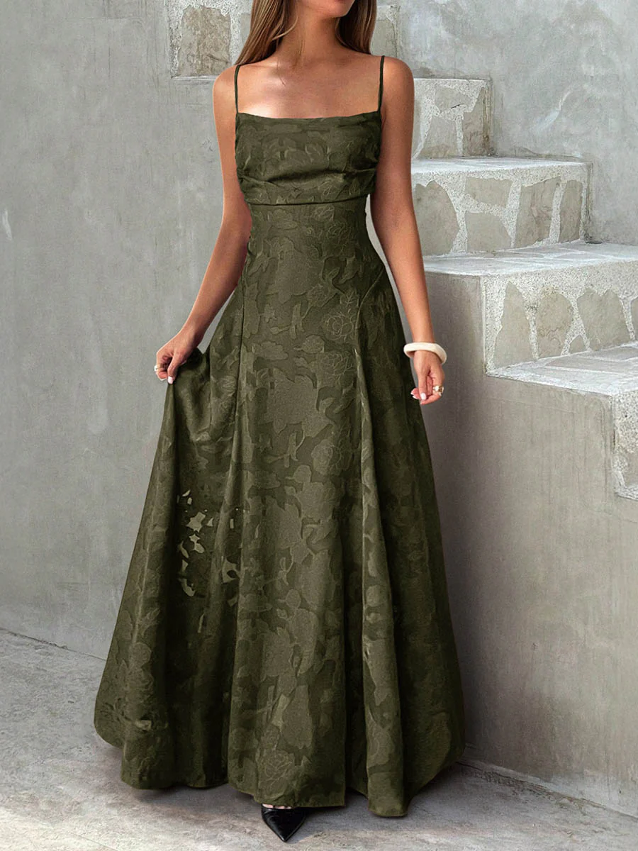 A-Line High Waisted Jacquard Pleated Solid Color Spaghetti-Neck Maxi Dresses - Image 10