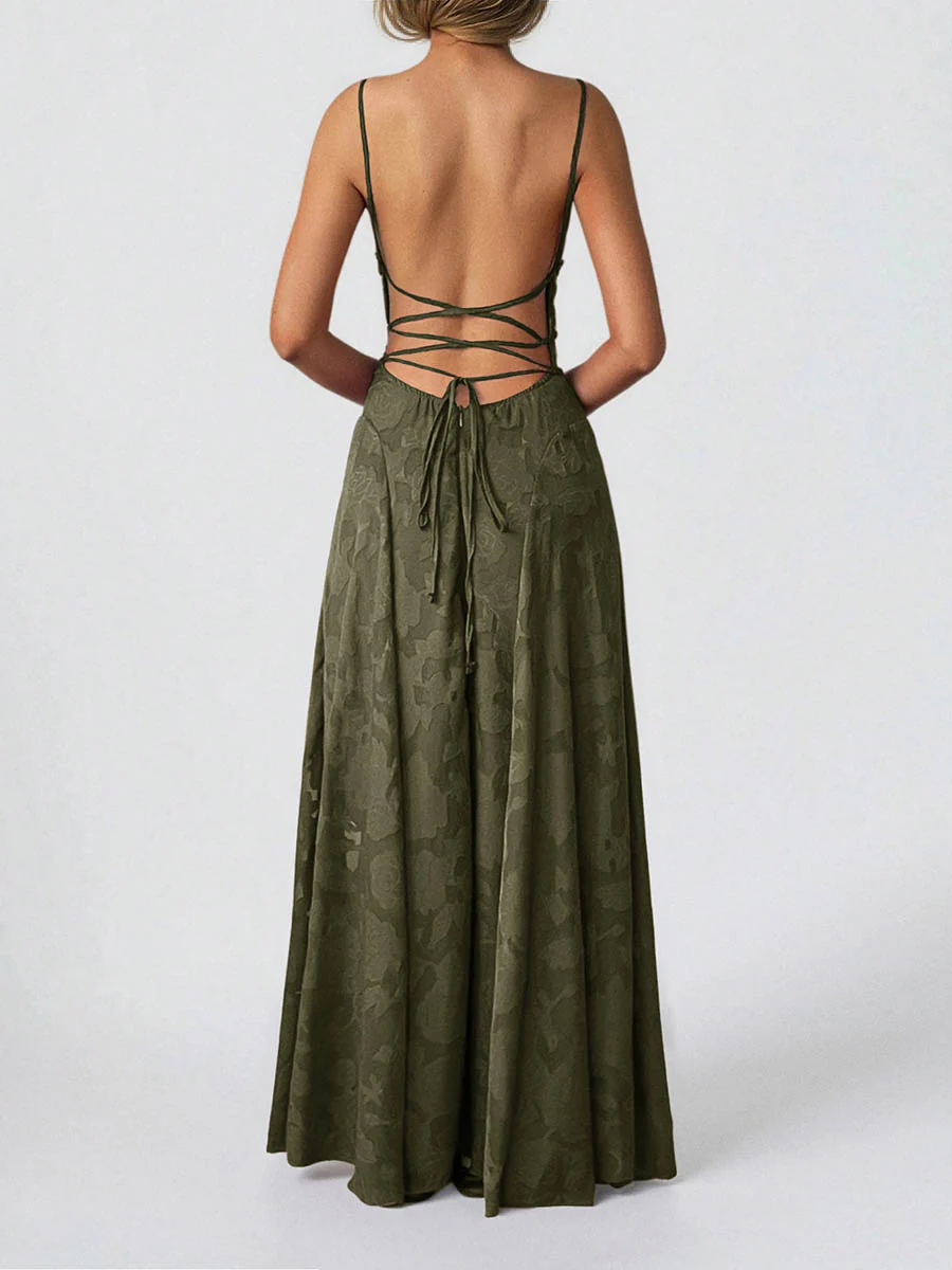 A-Line High Waisted Jacquard Pleated Solid Color Spaghetti-Neck Maxi Dresses - Image 11
