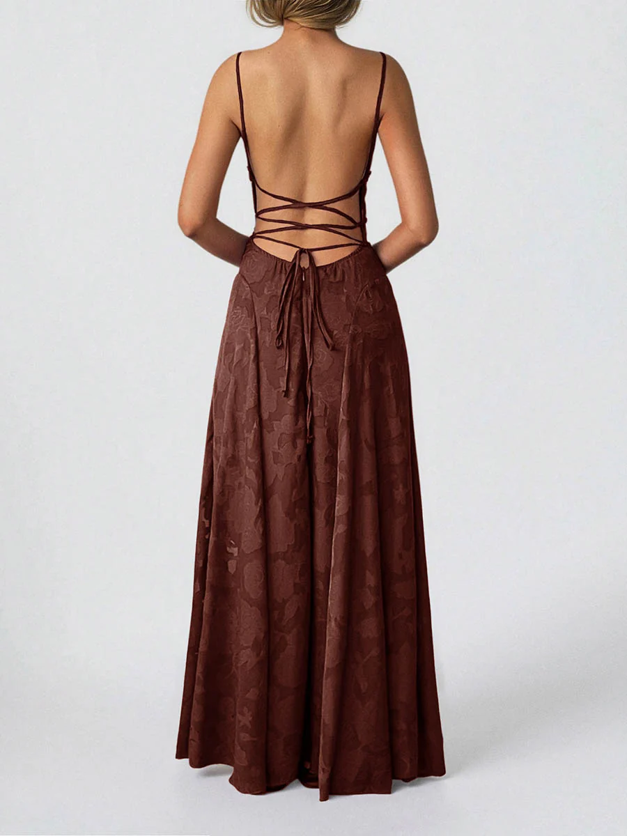 A-Line High Waisted Jacquard Pleated Solid Color Spaghetti-Neck Maxi Dresses - Image 13