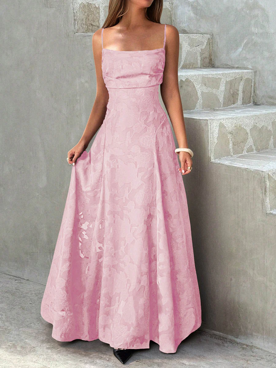 A-Line High Waisted Jacquard Pleated Solid Color Spaghetti-Neck Maxi Dresses - Image 14
