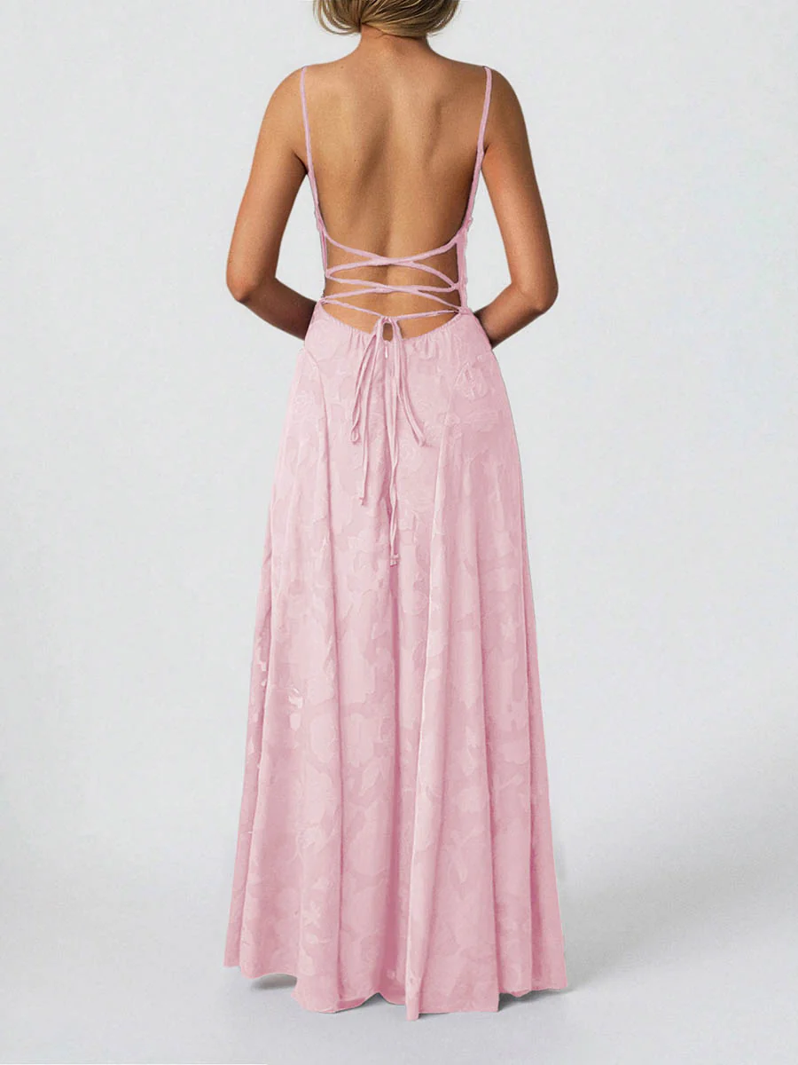 A-Line High Waisted Jacquard Pleated Solid Color Spaghetti-Neck Maxi Dresses - Image 15