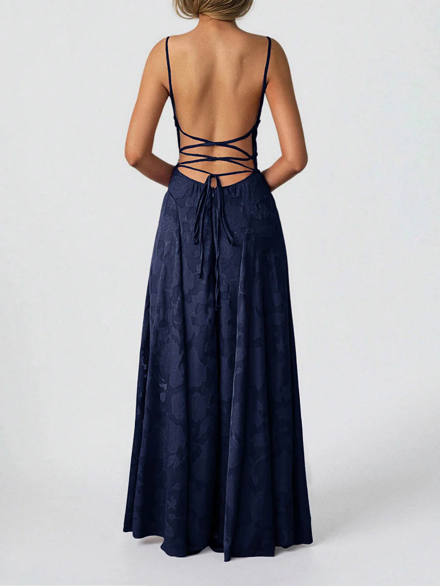 A-Line High Waisted Jacquard Pleated Solid Color Spaghetti-Neck Maxi Dresses - Image 16
