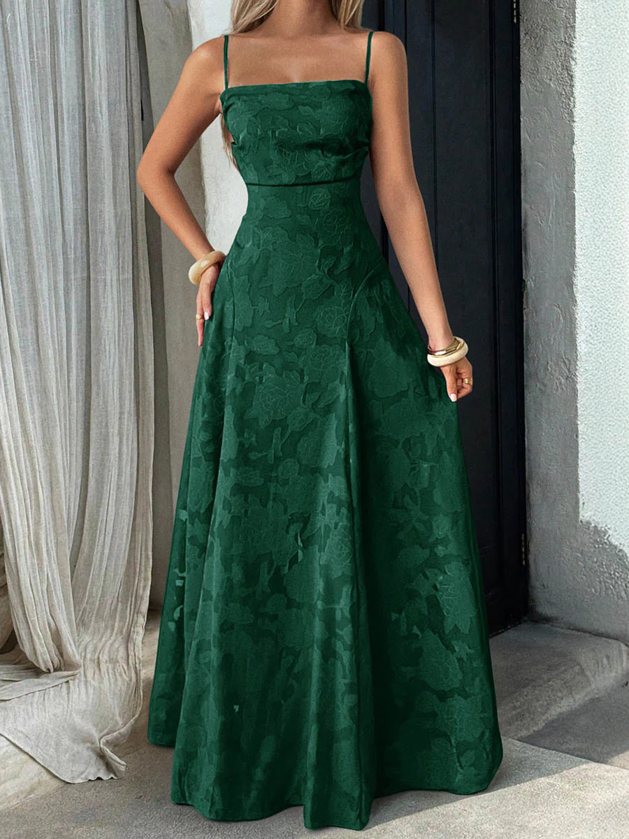 A-Line High Waisted Jacquard Pleated Solid Color Spaghetti-Neck Maxi Dresses - Image 2