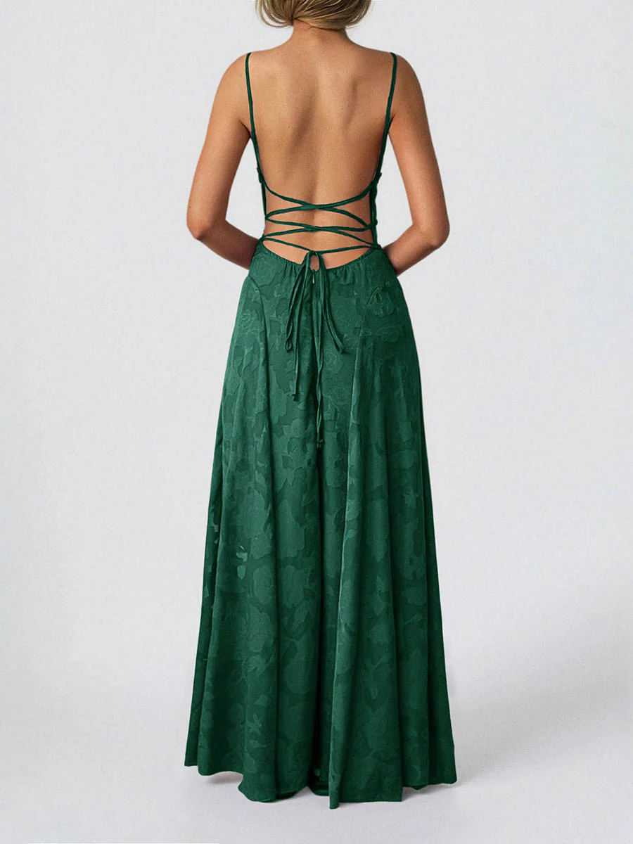 A-Line High Waisted Jacquard Pleated Solid Color Spaghetti-Neck Maxi Dresses - Image 3