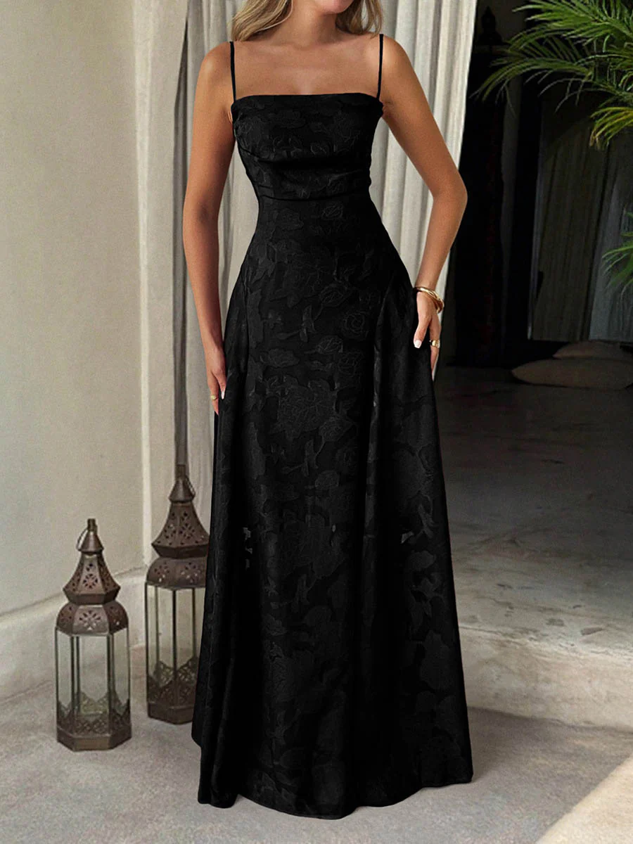 A-Line High Waisted Jacquard Pleated Solid Color Spaghetti-Neck Maxi Dresses - Image 4