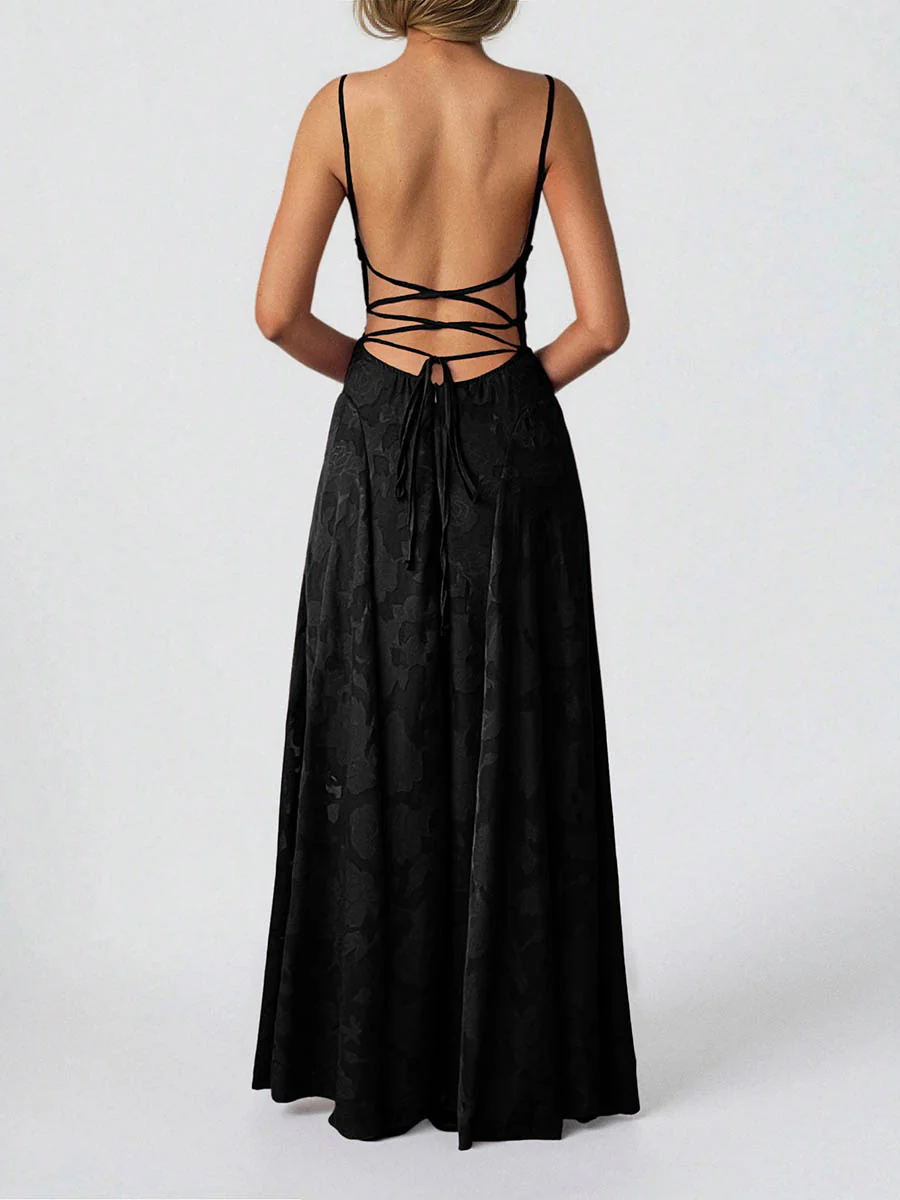 A-Line High Waisted Jacquard Pleated Solid Color Spaghetti-Neck Maxi Dresses - Image 5
