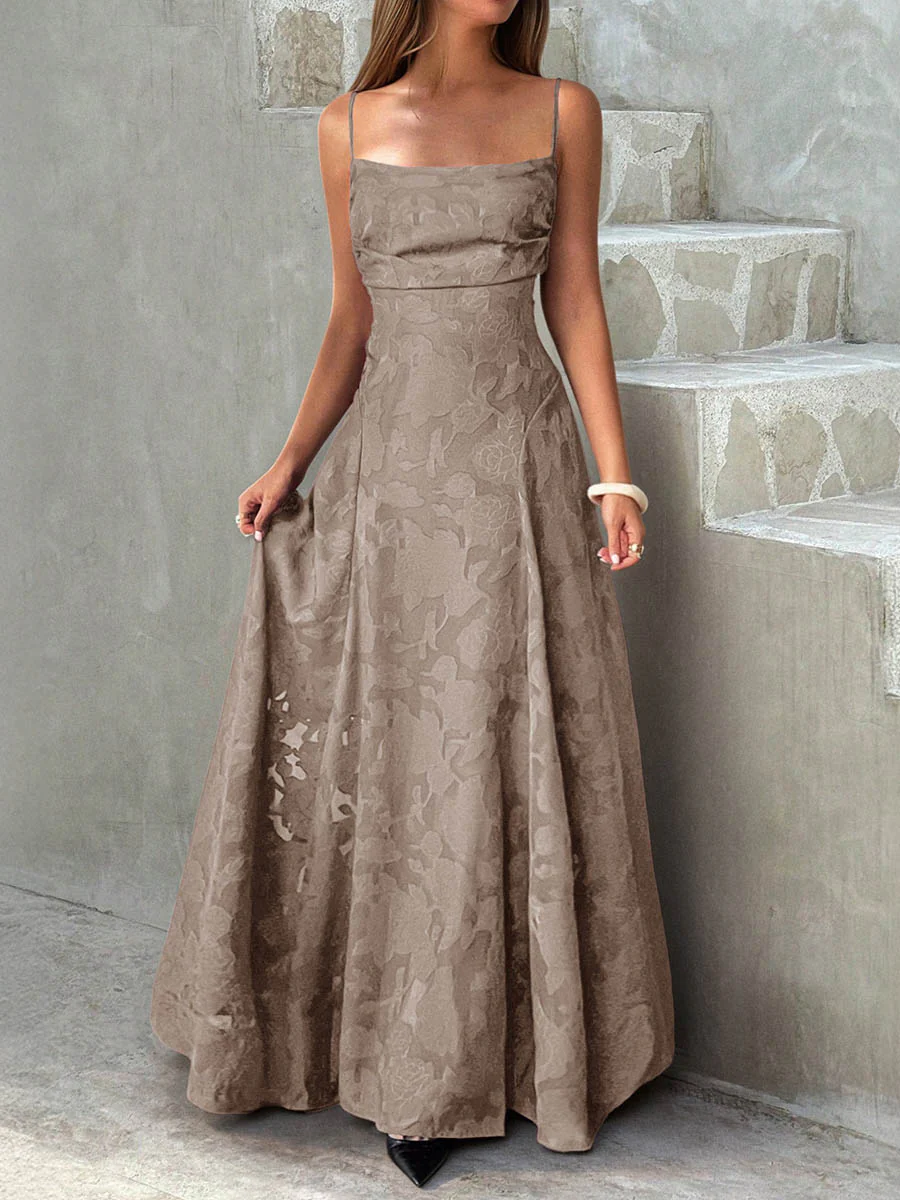 A-Line High Waisted Jacquard Pleated Solid Color Spaghetti-Neck Maxi Dresses - Image 6