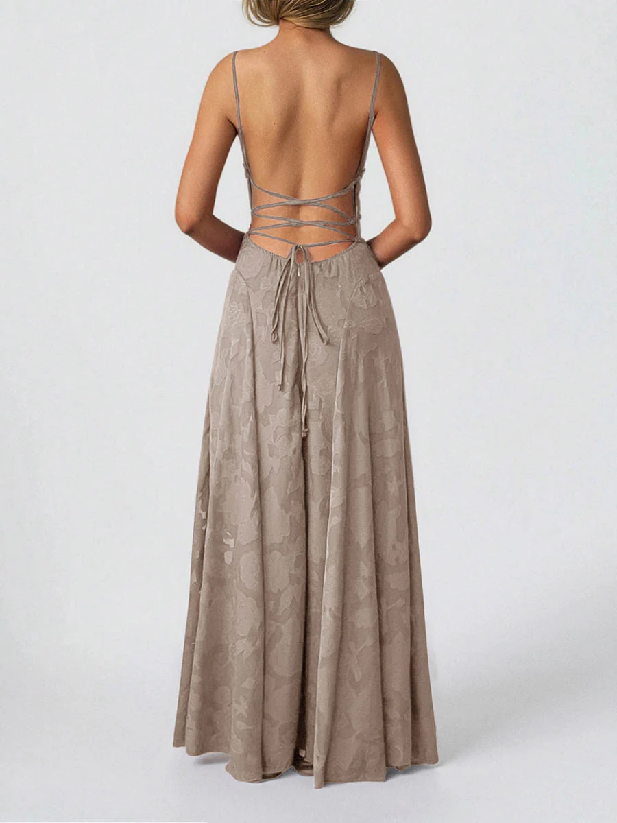 A-Line High Waisted Jacquard Pleated Solid Color Spaghetti-Neck Maxi Dresses - Image 7