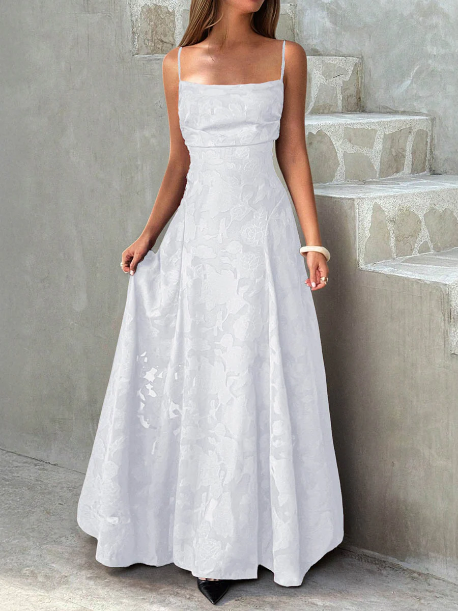 A-Line High Waisted Jacquard Pleated Solid Color Spaghetti-Neck Maxi Dresses - Image 8