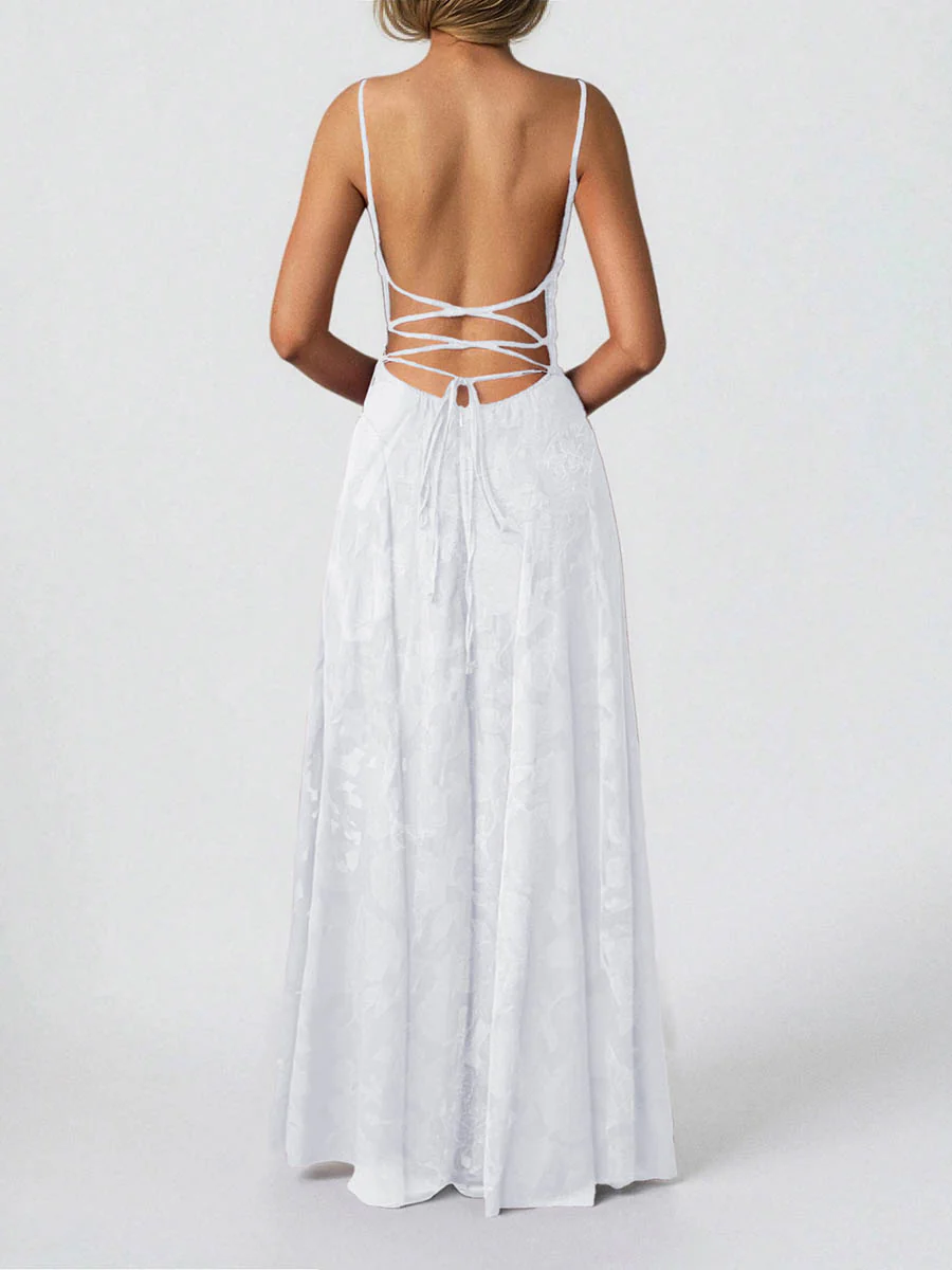 A-Line High Waisted Jacquard Pleated Solid Color Spaghetti-Neck Maxi Dresses - Image 9