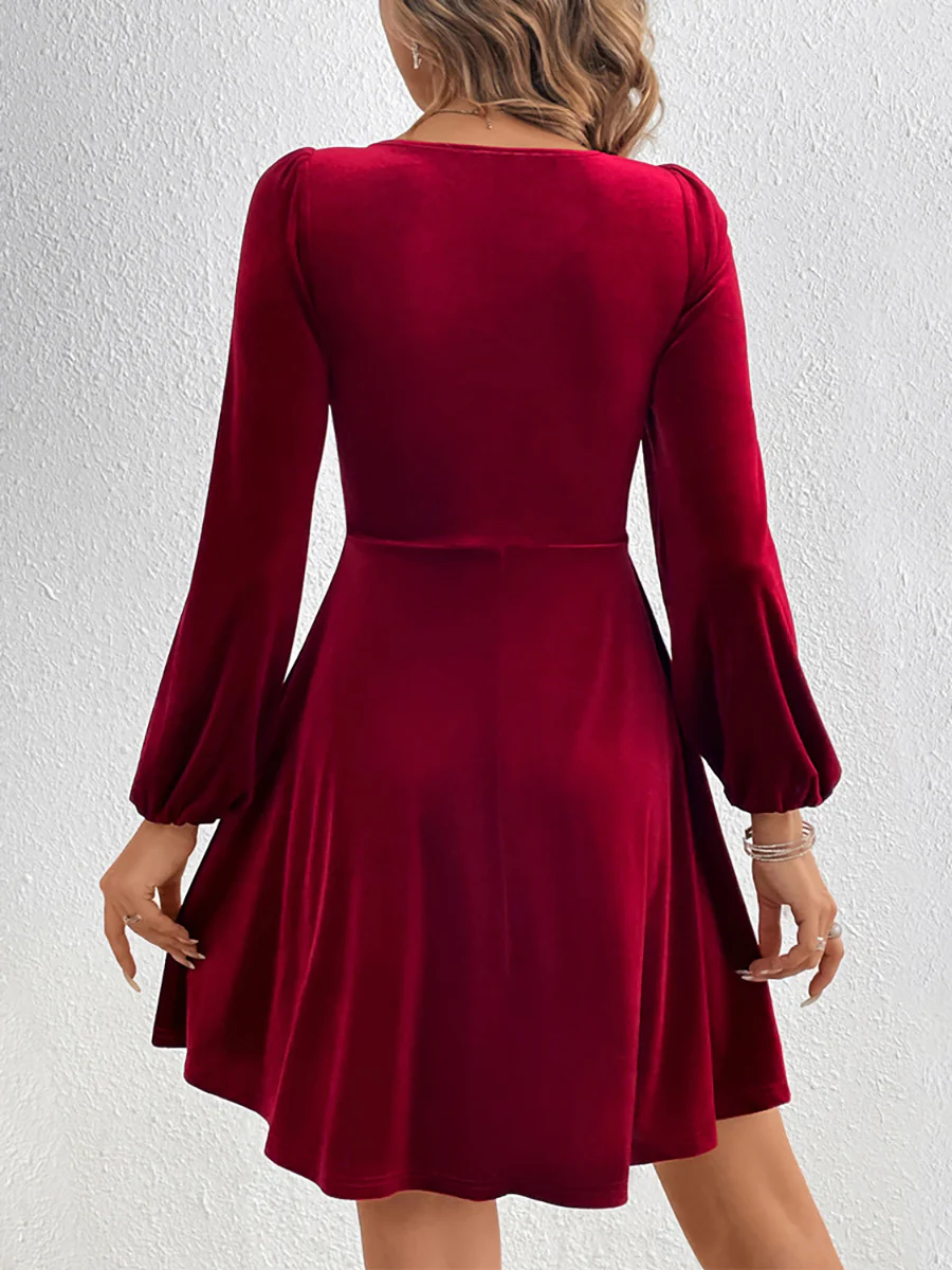 A-Line High Waisted Knot Pleated Solid Color Split-Joint Velvet Deep V-Neck Mini Dresses - Image 10