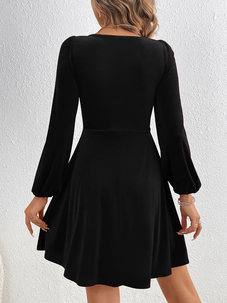 A-Line High Waisted Knot Pleated Solid Color Split-Joint Velvet Deep V-Neck Mini Dresses - Image 13