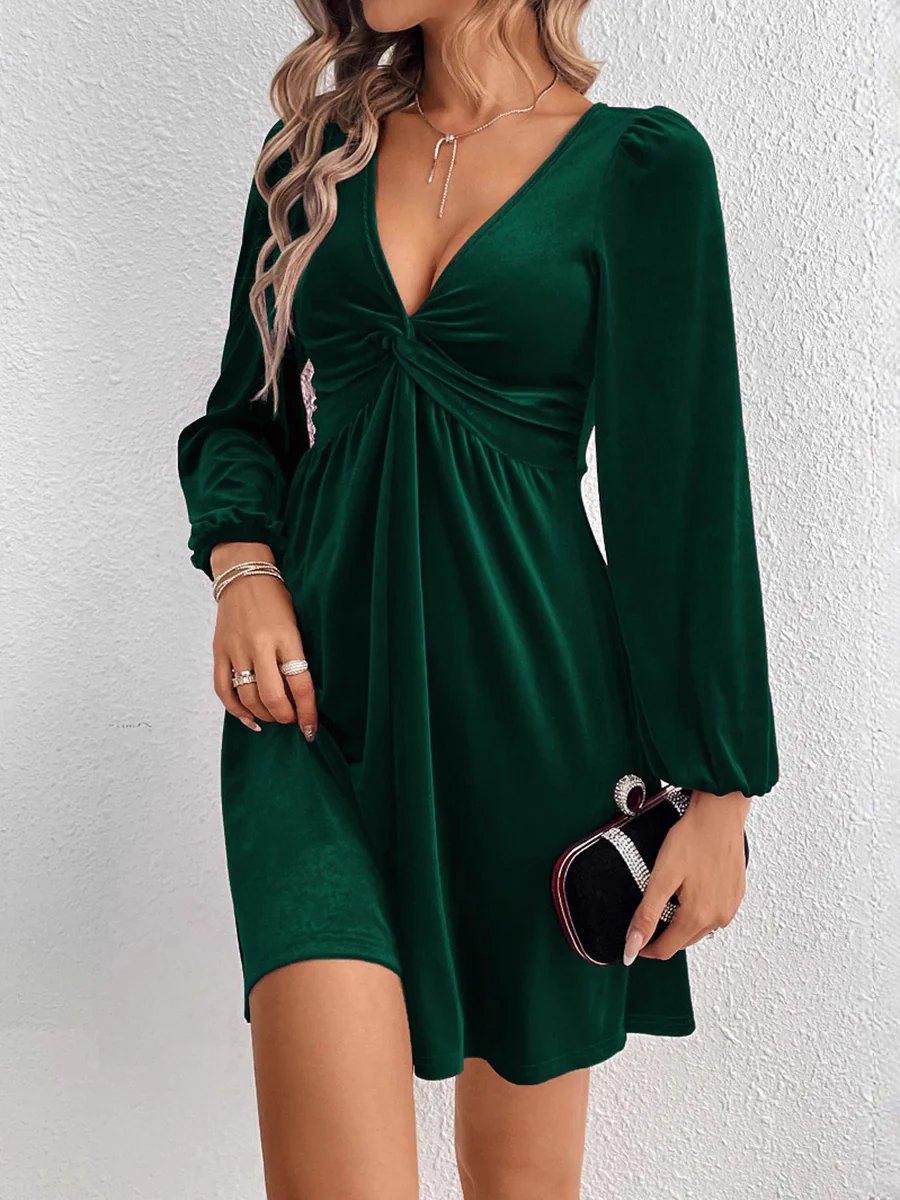 A-Line High Waisted Knot Pleated Solid Color Split-Joint Velvet Deep V-Neck Mini Dresses - Image 15