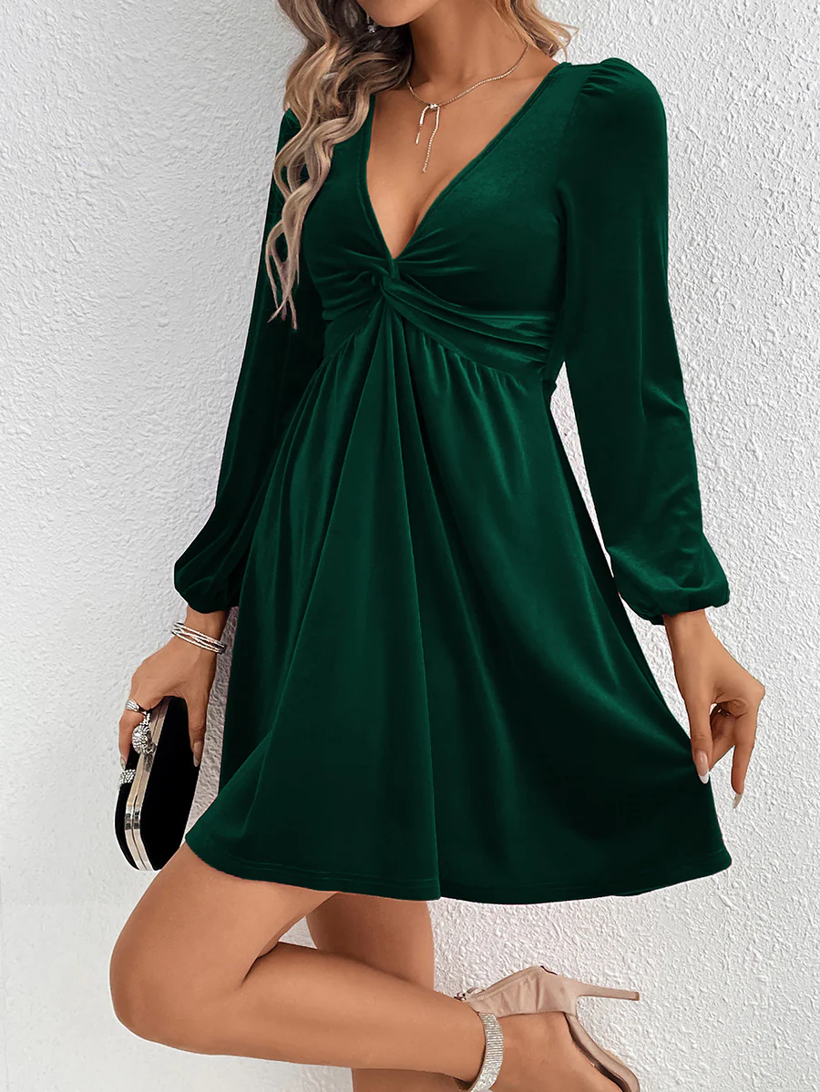 A-Line High Waisted Knot Pleated Solid Color Split-Joint Velvet Deep V-Neck Mini Dresses - Image 16