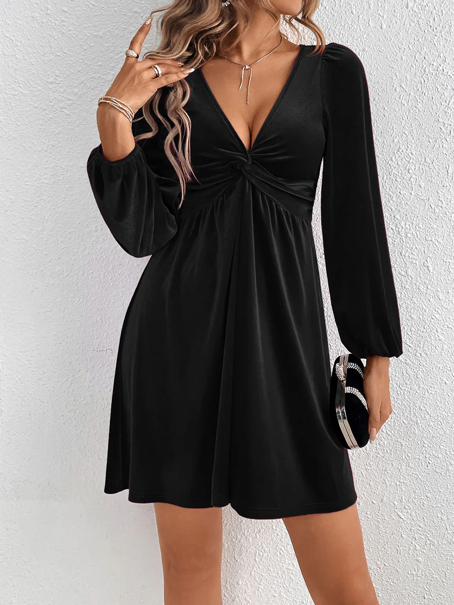 A-Line High Waisted Knot Pleated Solid Color Split-Joint Velvet Deep V-Neck Mini Dresses - Image 2