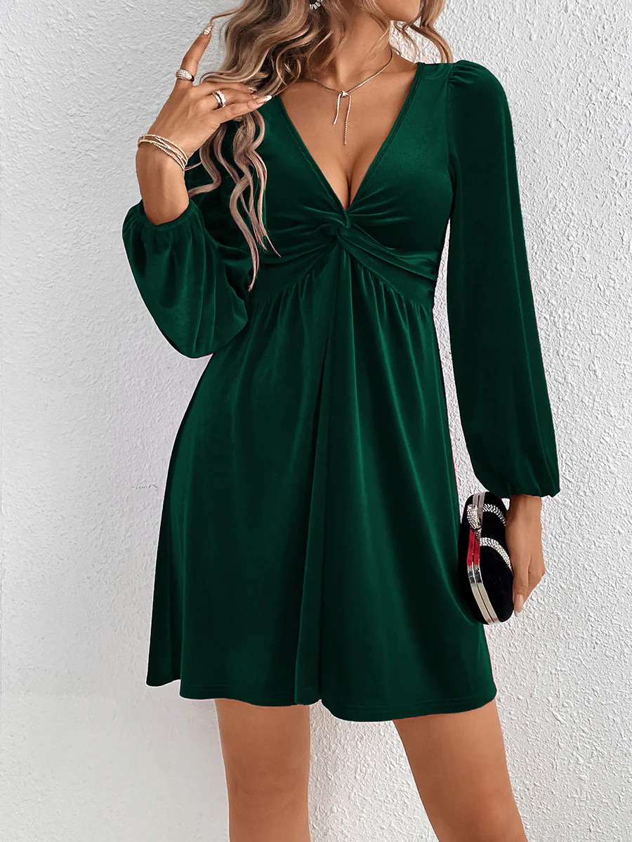 A-Line High Waisted Knot Pleated Solid Color Split-Joint Velvet Deep V-Neck Mini Dresses - Image 3
