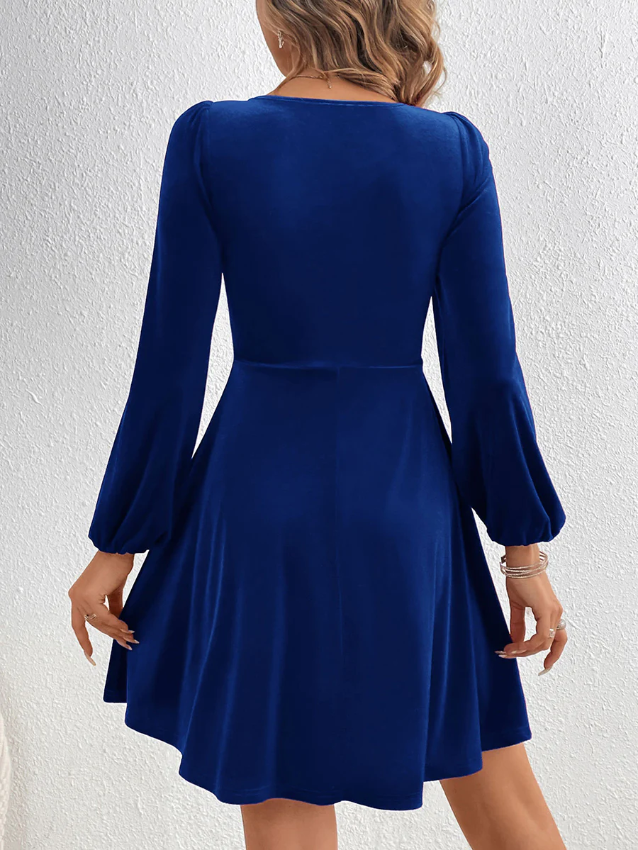 A-Line High Waisted Knot Pleated Solid Color Split-Joint Velvet Deep V-Neck Mini Dresses - Image 7