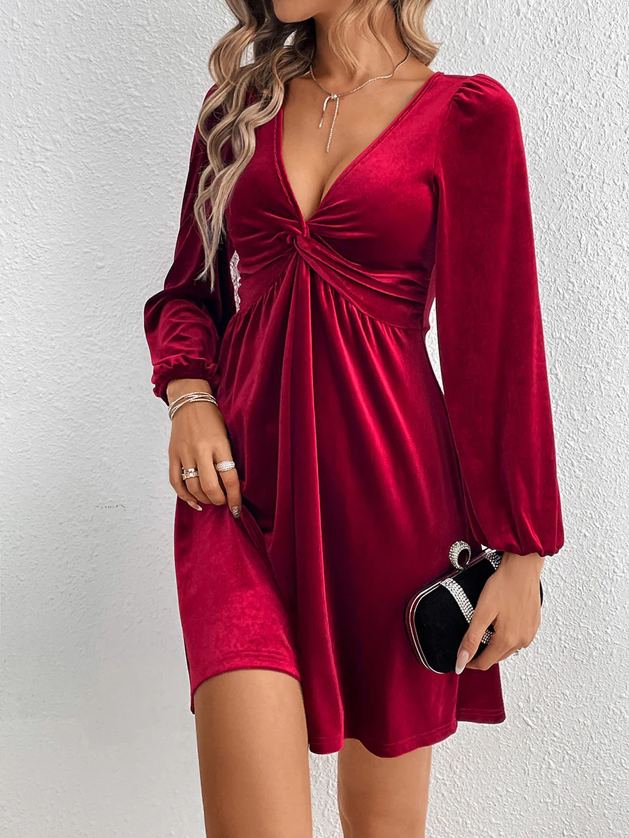 A-Line High Waisted Knot Pleated Solid Color Split-Joint Velvet Deep V-Neck Mini Dresses - Image 8