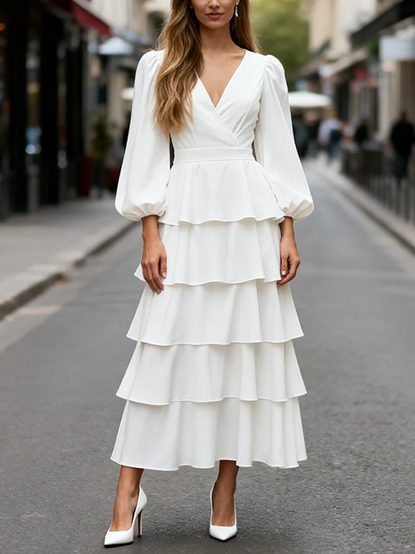 A-Line High Waisted Layered Solid Color V-Neck Maxi Dresses