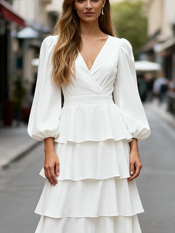 A-Line High Waisted Layered Solid Color V-Neck Maxi Dresses - Image 2