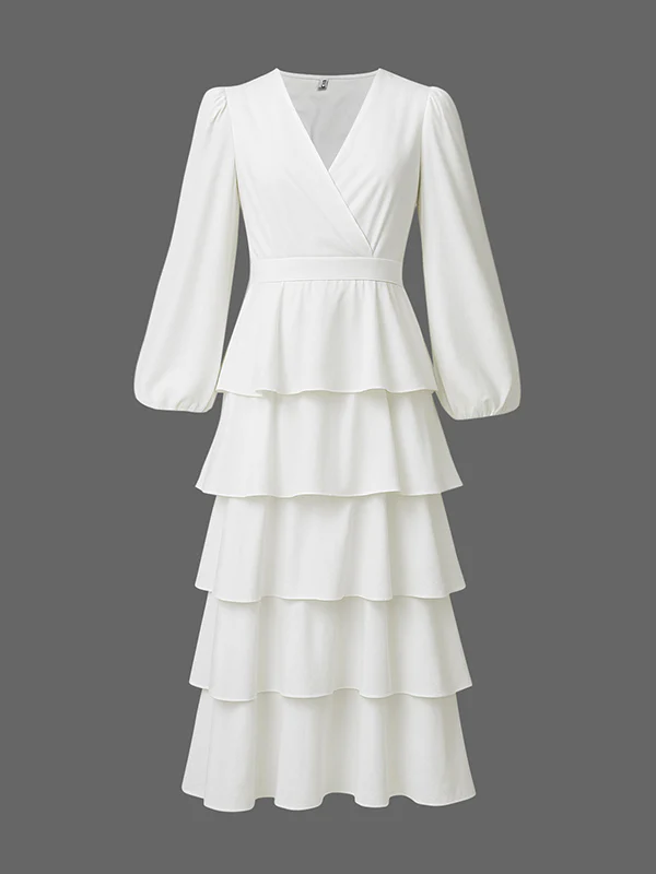 A-Line High Waisted Layered Solid Color V-Neck Maxi Dresses - Image 3