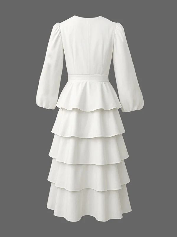 A-Line High Waisted Layered Solid Color V-Neck Maxi Dresses - Image 4
