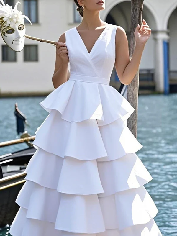 A-Line High Waisted Layered Solid Color V-Neck Maxi Dresses - Image 2