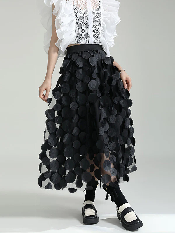 A-Line High Waisted Mesh Polka-Dot Solid Color Split-Joint Skirts Bottoms - Image 11
