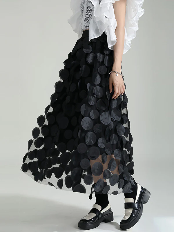 A-Line High Waisted Mesh Polka-Dot Solid Color Split-Joint Skirts Bottoms - Image 2