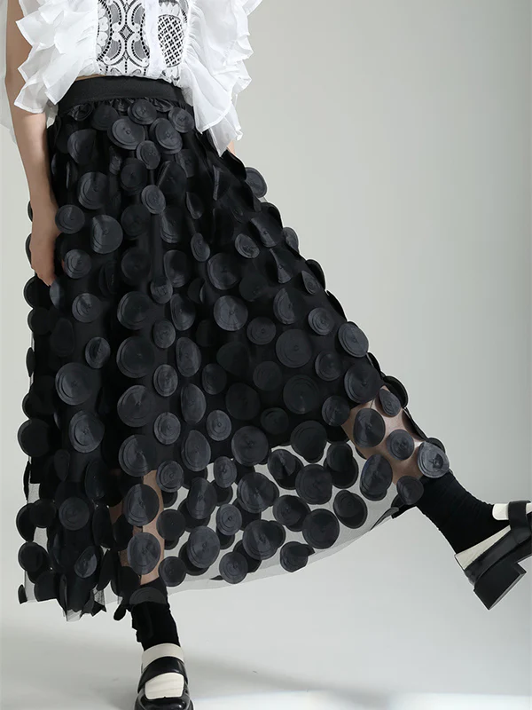 A-Line High Waisted Mesh Polka-Dot Solid Color Split-Joint Skirts Bottoms - Image 4