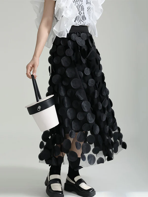 A-Line High Waisted Mesh Polka-Dot Solid Color Split-Joint Skirts Bottoms - Image 7