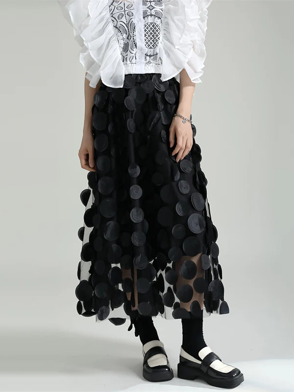 A-Line High Waisted Mesh Polka-Dot Solid Color Split-Joint Skirts Bottoms - Image 9