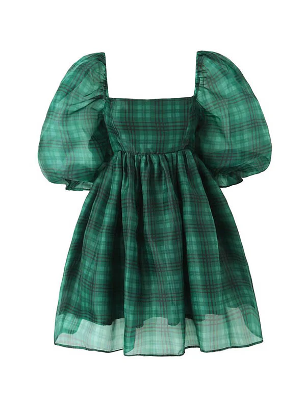 A-Line High Waisted Plaid Pleated Square-Neck Mini Dresses - Image 2