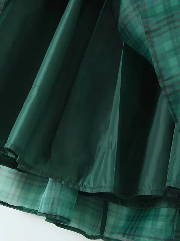 A-Line High Waisted Plaid Pleated Square-Neck Mini Dresses - Image 6
