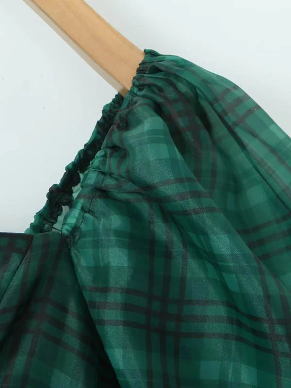 A-Line High Waisted Plaid Pleated Square-Neck Mini Dresses - Image 8