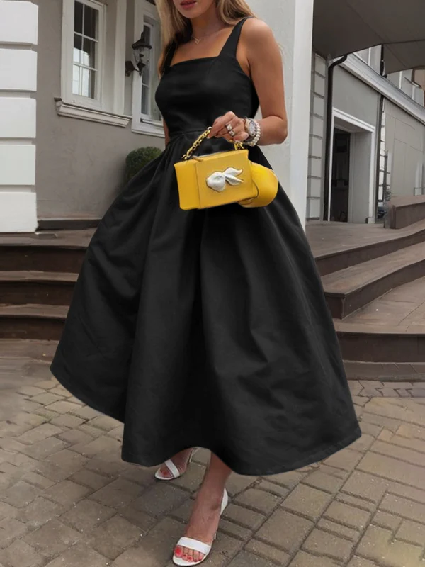 A-Line High Waisted Pleated Pockets Solid Color Spaghetti-Neck Midi Dresses - Image 2