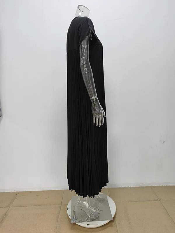 A-Line High Waisted Pleated Pockets Solid Color Split-Joint Round-Neck Maxi Dresses - Image 10