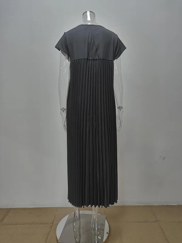 A-Line High Waisted Pleated Pockets Solid Color Split-Joint Round-Neck Maxi Dresses - Image 11
