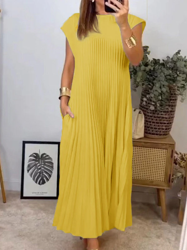A-Line High Waisted Pleated Pockets Solid Color Split-Joint Round-Neck Maxi Dresses - Image 2