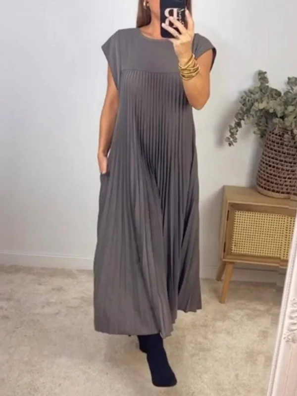 A-Line High Waisted Pleated Pockets Solid Color Split-Joint Round-Neck Maxi Dresses - Image 3