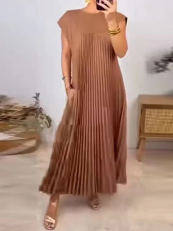 A-Line High Waisted Pleated Pockets Solid Color Split-Joint Round-Neck Maxi Dresses - Image 4