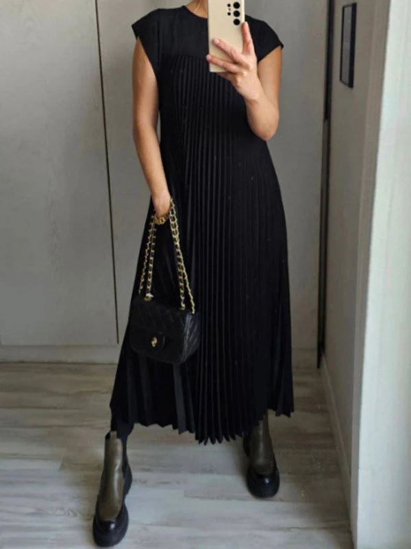 A-Line High Waisted Pleated Pockets Solid Color Split-Joint Round-Neck Maxi Dresses - Image 5