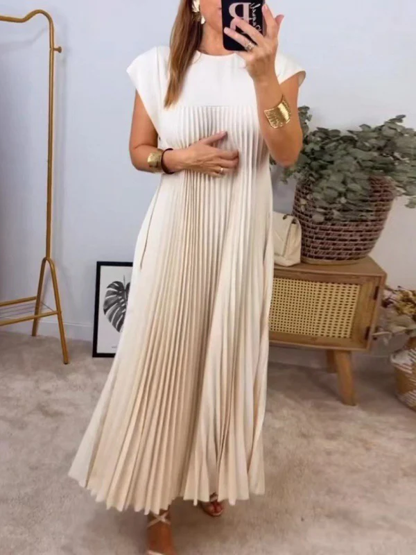 A-Line High Waisted Pleated Pockets Solid Color Split-Joint Round-Neck Maxi Dresses - Image 6