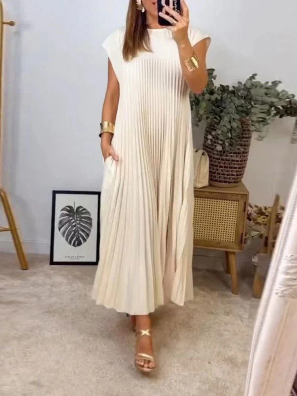 A-Line High Waisted Pleated Pockets Solid Color Split-Joint Round-Neck Maxi Dresses - Image 7