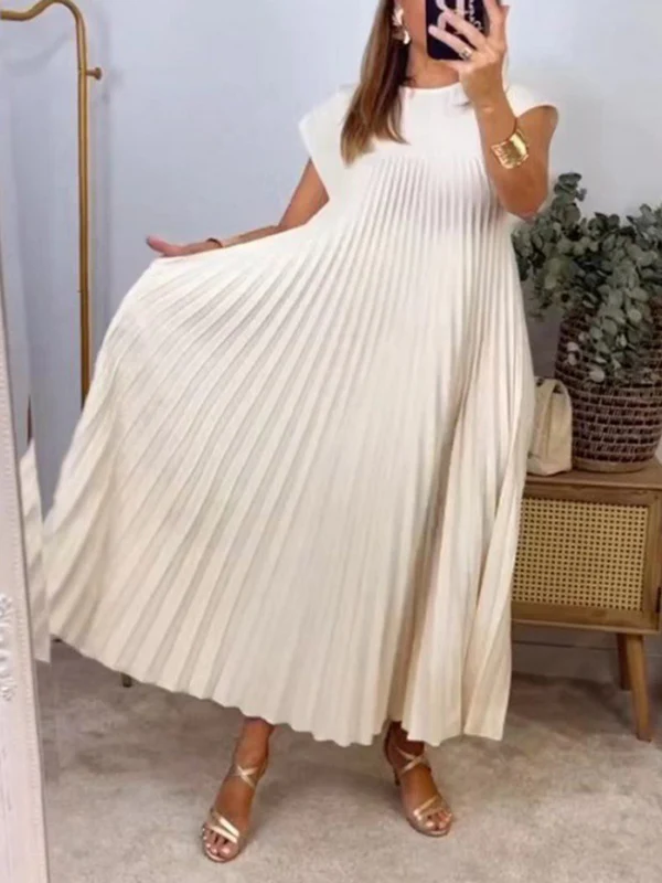A-Line High Waisted Pleated Pockets Solid Color Split-Joint Round-Neck Maxi Dresses - Image 8