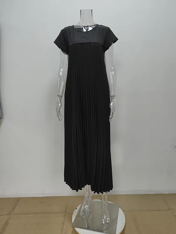 A-Line High Waisted Pleated Pockets Solid Color Split-Joint Round-Neck Maxi Dresses - Image 9